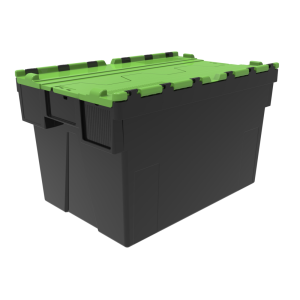 Black stackable nestable box with integrated colored lid