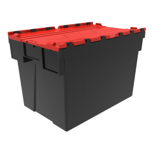 Black stackable nestable box with integrated colored lid