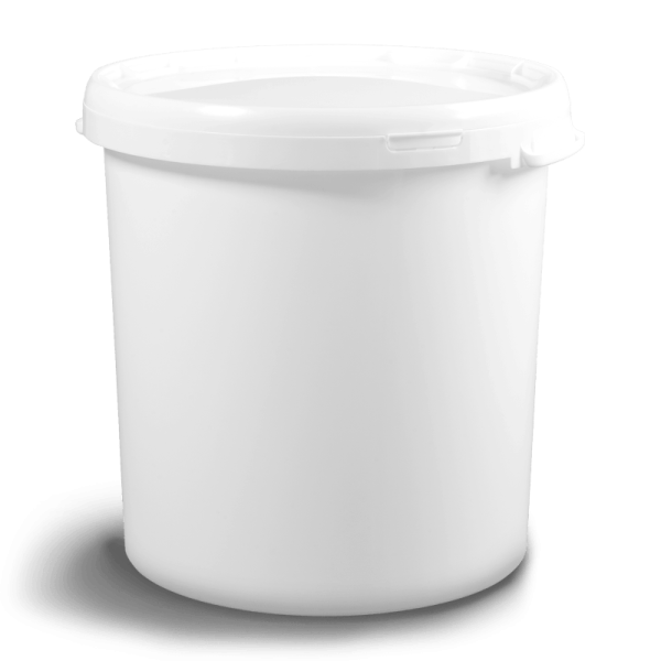 Cylindrical bucket with metal side handles and lid