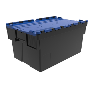 Black stackable nestable box with integrated colored lid
