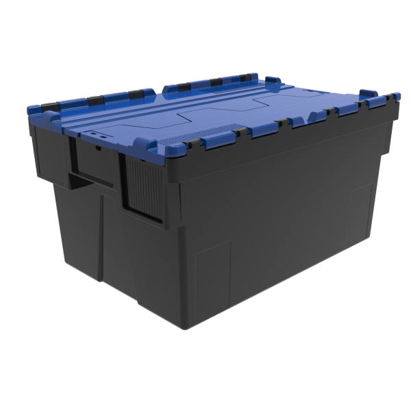 Black stackable nestable box with integrated colored lid